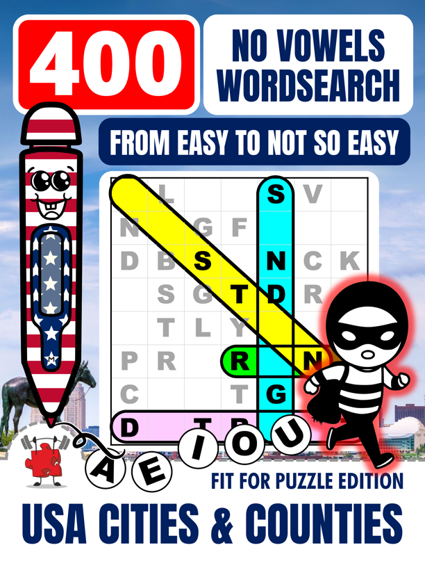 USA CITIES & COUNTIES 400 No Vowels Wordsearch Puzzles For Adults 1